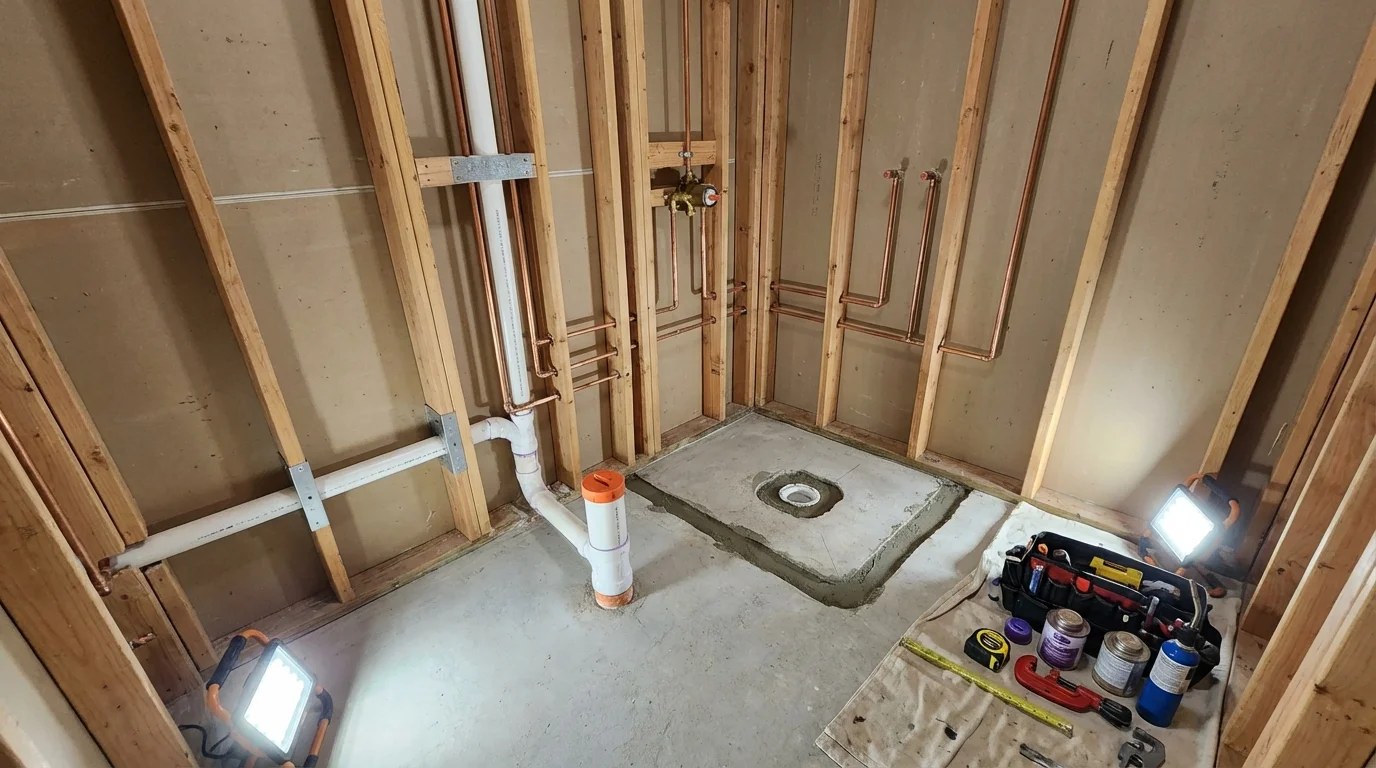 Bathroom rough-in plumbing during remodel by Johns Plumbing LLC in Beavercreek