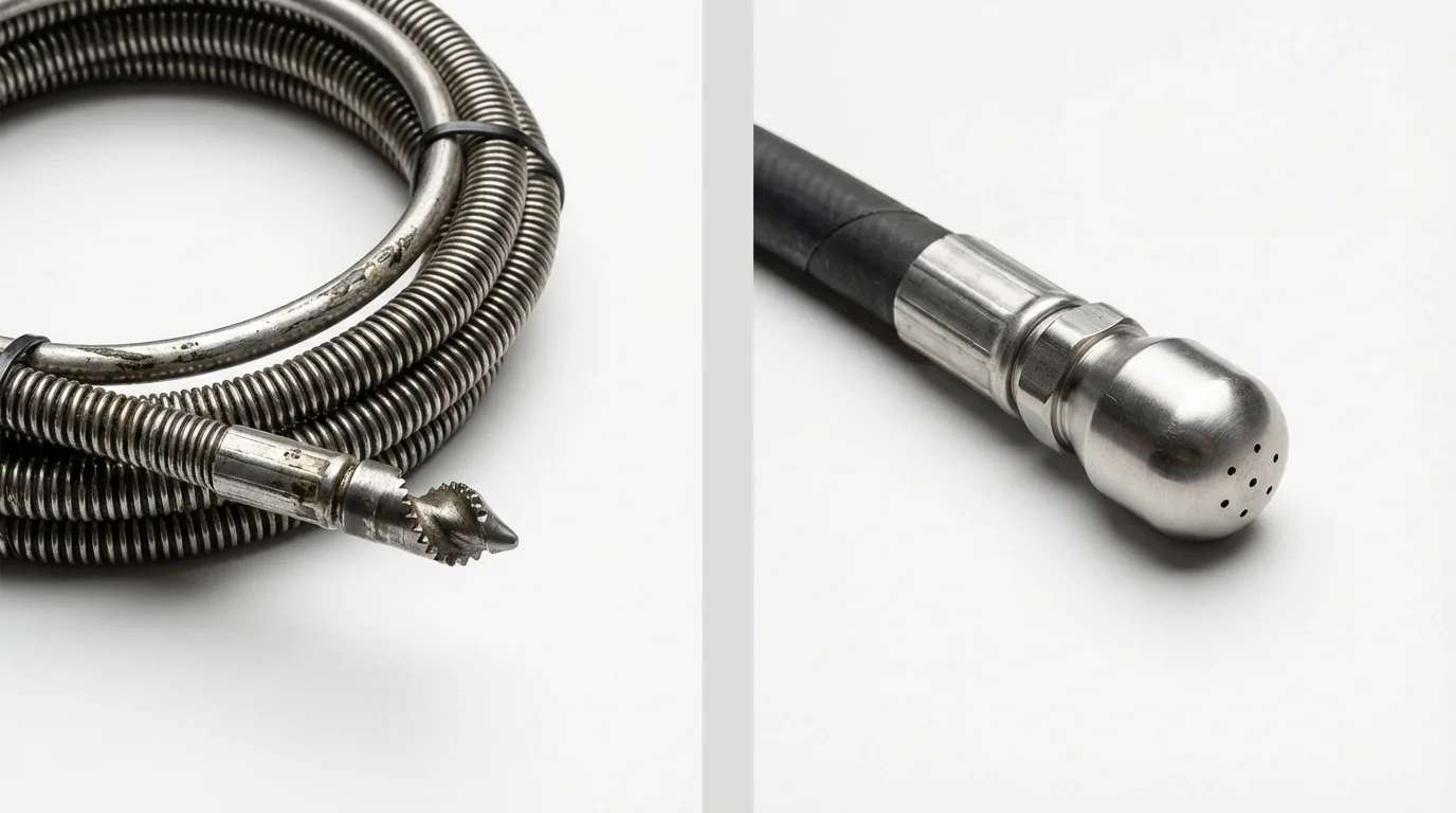 Drain snake cable and hydro jetting nozzle used for drain cleaning in Beavercreek, OR