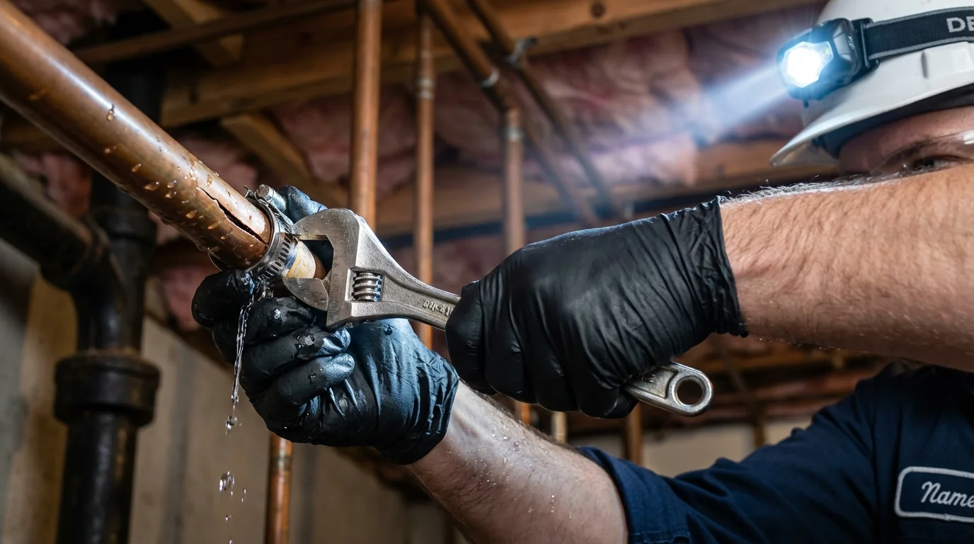 Emergency pipe clamp repair being performed by a Johns Plumbing LLC plumber in Beavercreek
