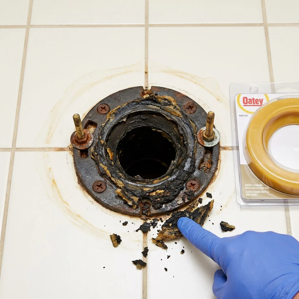 Failed wax ring showing water seepage at the base of a toilet in a Beavercreek, OR home