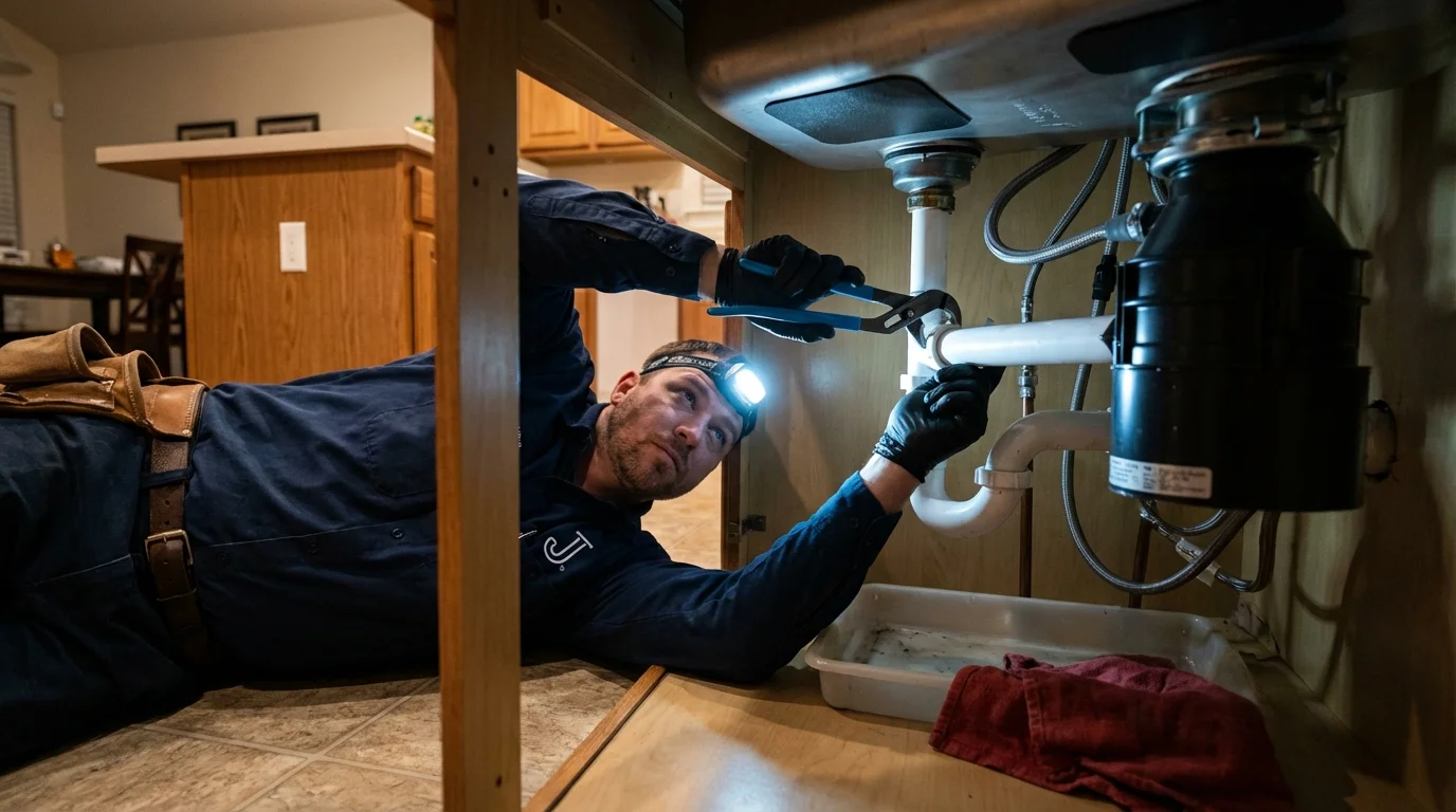 P-trap and supply line connections under a kitchen sink showing a common leak point in Beavercreek, OR